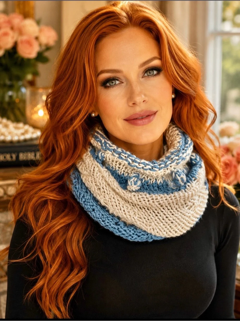 Cowl Infinity Scarf Hand Knits 2 Love Flower Buds Heckwarmer Designer Unique